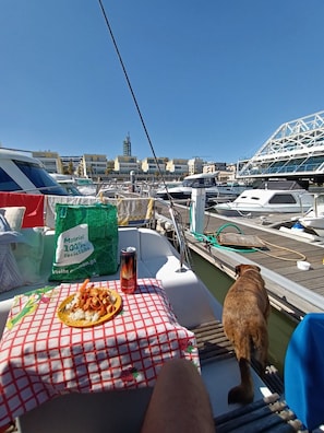 Un bateau avec une table dressée pour un repas, un sac contenant des matériaux recyclés et un chien sur le pont.