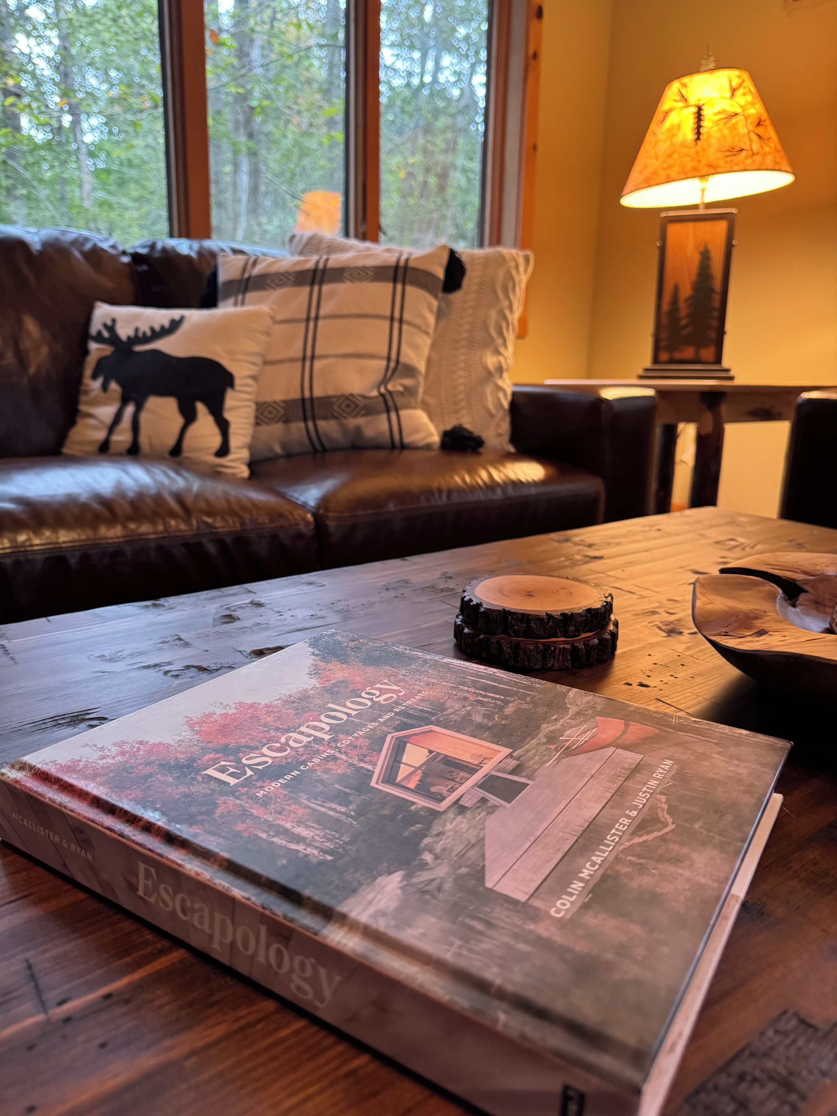 Un livre intitulé « Escapology » est posé sur une table en bois, à côté d’une lampe et d’un canapé orné d’un coussin à l’effigie d’un élan, dans une pièce dotée d’une fenêtre.