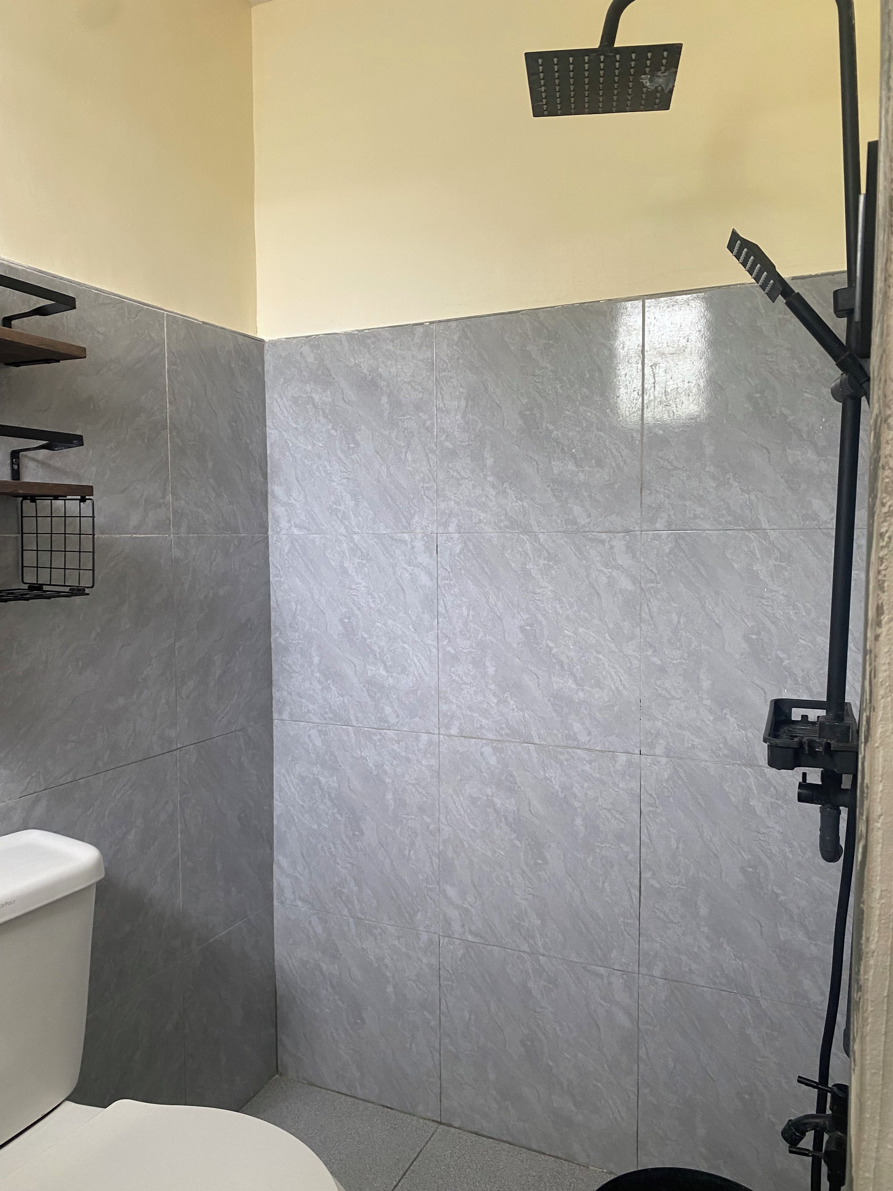 Een badkamer met een douche, toilet en handdoekhouder.
