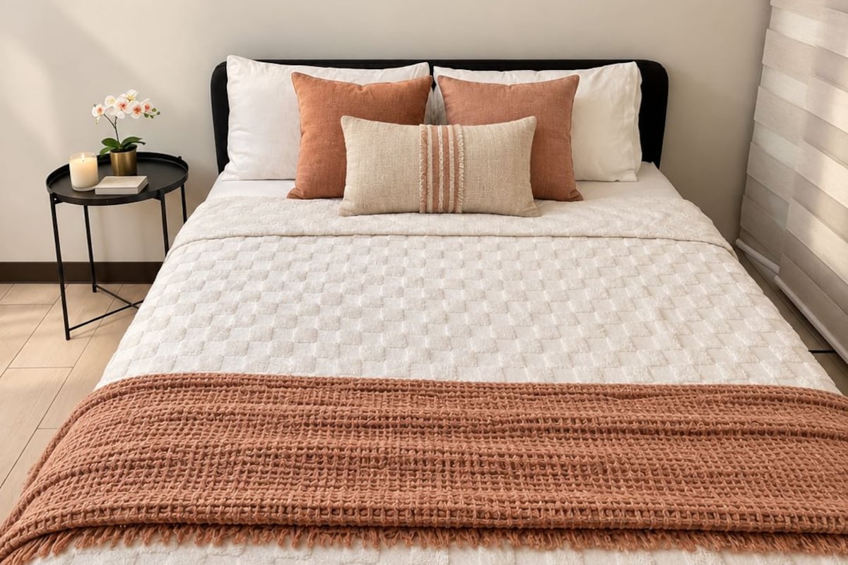A bedroom with a bed, pillows, a bedside table with a candle, and a wall with abstract art.