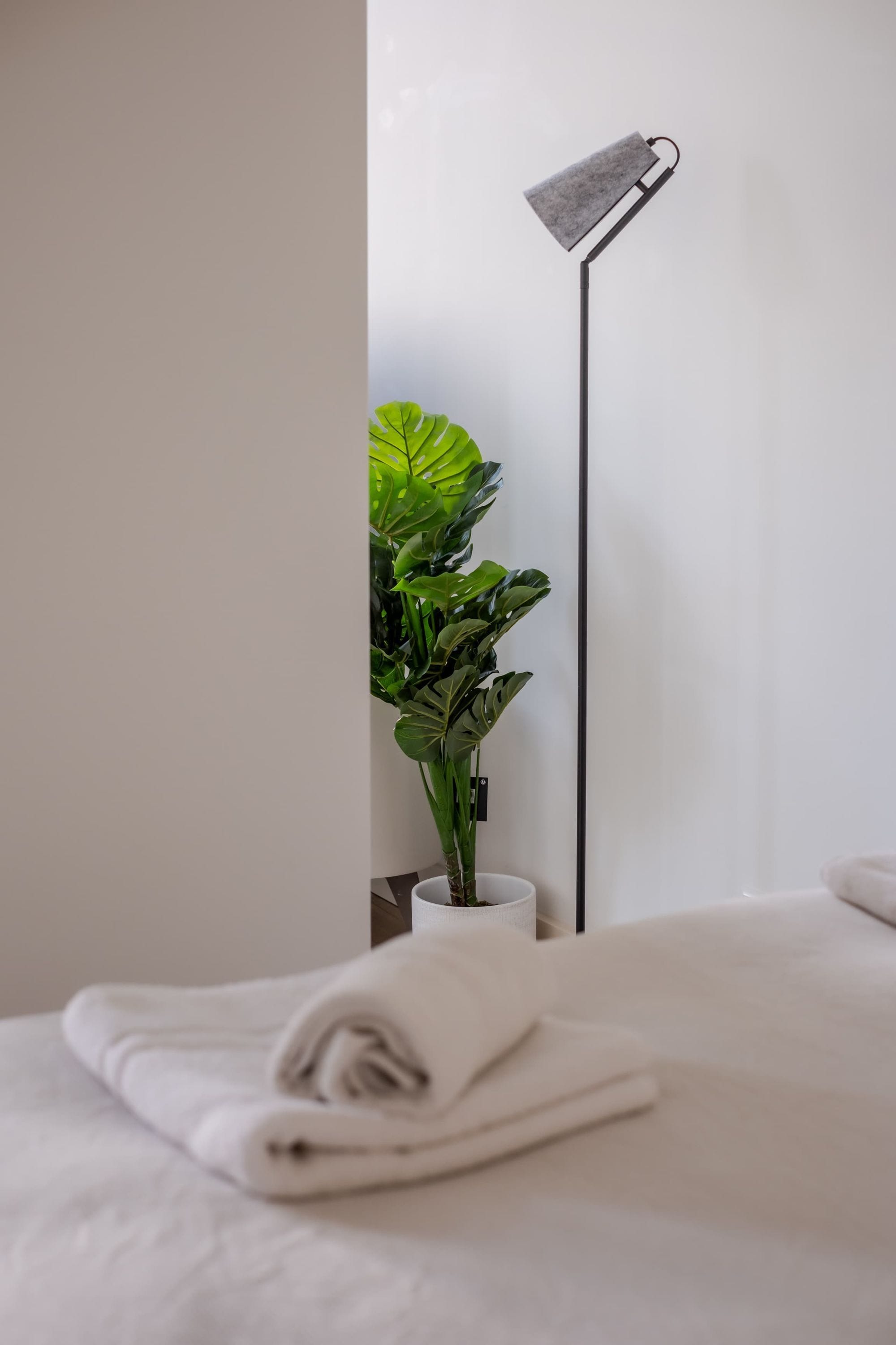 Un lit bien fait, avec une serviette blanche pliée, une plante en pot aux grandes feuilles vertes et une lampe de sol avec un abat-jour gris.