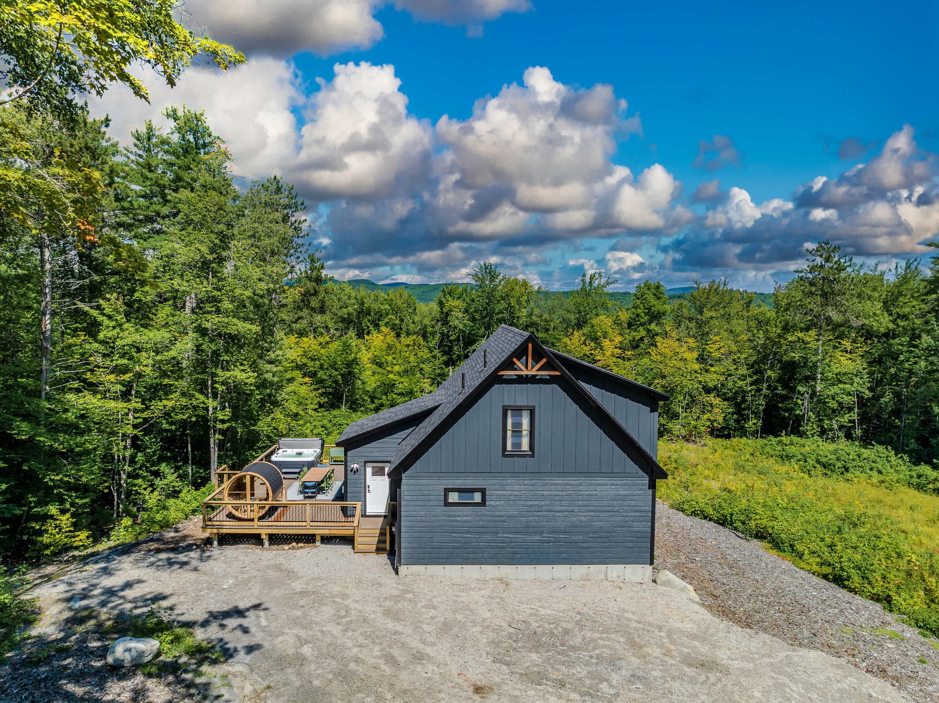 A cabin with a deck, surrounded by dense forest and a clear sky.