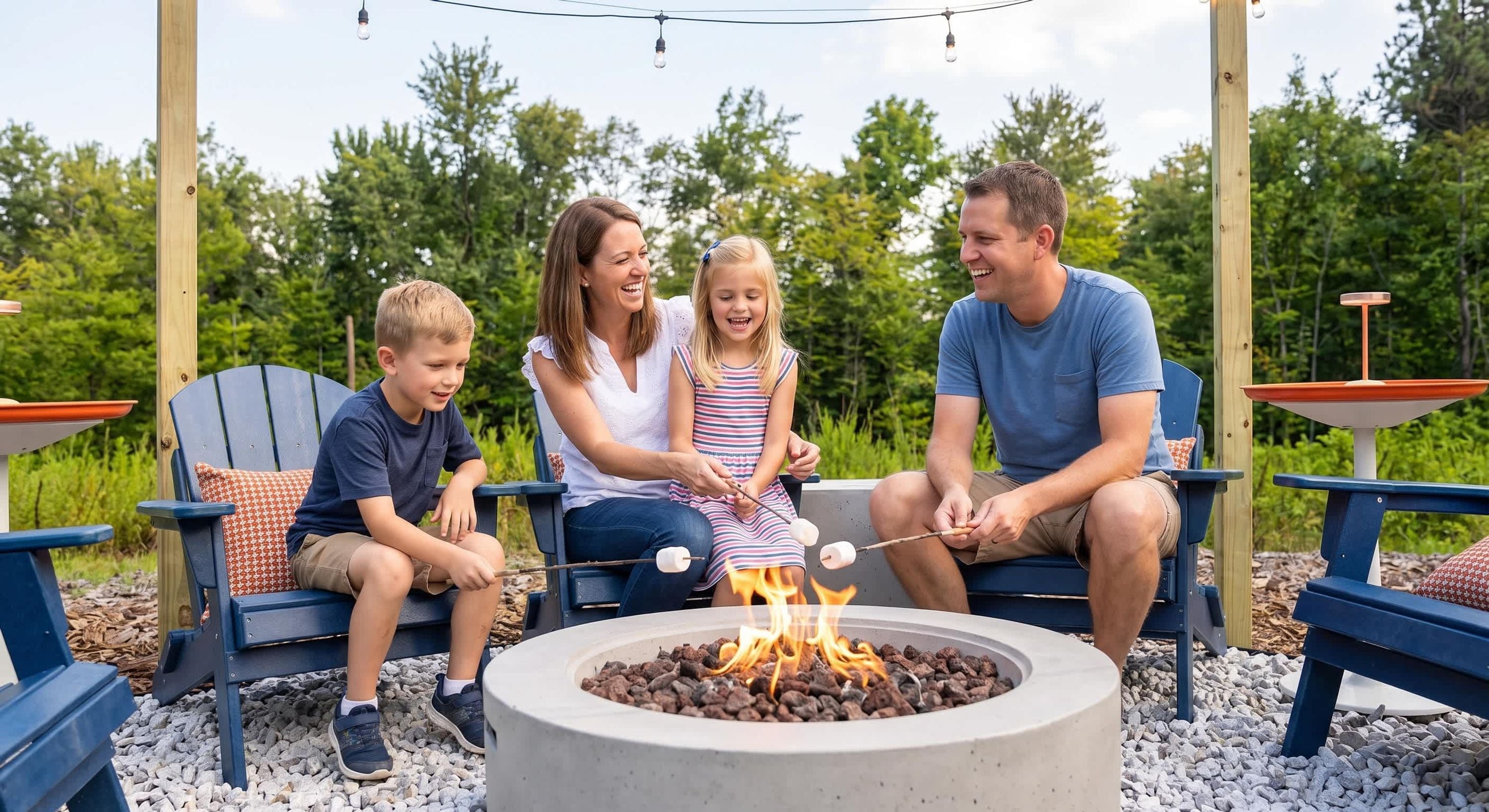 A family of four around a fire pit with outdoor seating.