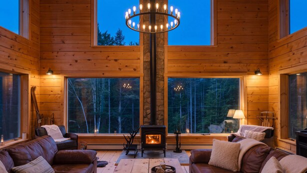 Interior acogedor de una cabaña con paredes de madera, chimenea, sofás de cuero y ventanas amplias con vistas a un bosque.