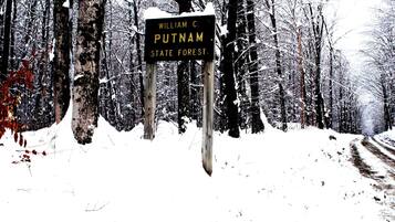 A signpost in a snowy forest with the text 'William C. Putnam State Forest.'