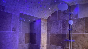 A bathroom with a shower, tiled walls, and a ceiling with embedded lights. - La maison du moulin - gîte et spa privatif avec hammam traditionnel et jacuzzi (Damblainville)