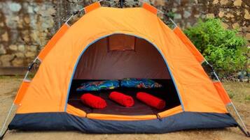 A tent with a sleeping area, a pillow, and rolled-up sleeping bags.