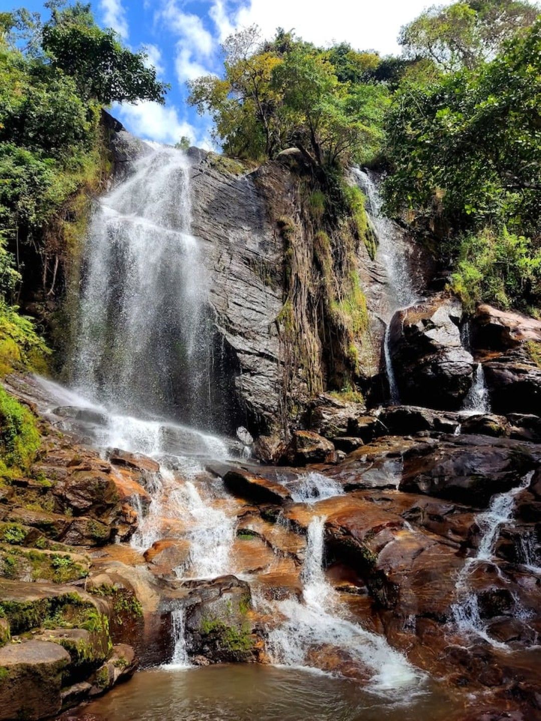 Una cascada fluye sobre rocas en un área boscosa.