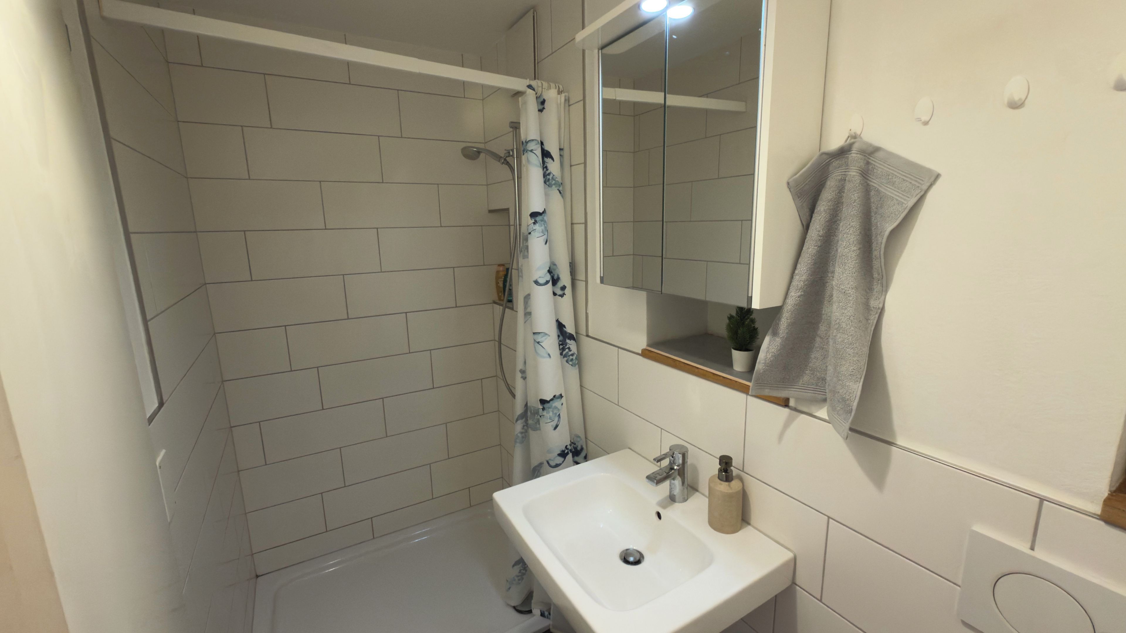Ein Badezimmer mit Dusche, Waschbecken und Spiegel.