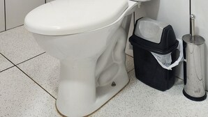 Een wit toilet met een zwarte prullenbak en een papieren handdoekdispenser in een betegelde badkamer.