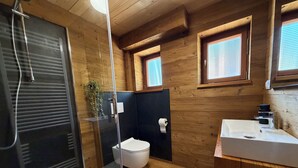 Baño de cabaña de madera con ducha envuelta en vidrio, inodoro y lavamanos.