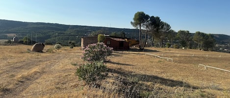 Un paysage rural avec une maison en pierre, un champ et un ciel dégagé.