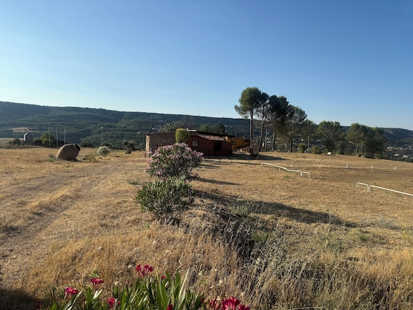 A rural landscape with a stone house, a field, and a clear sky.