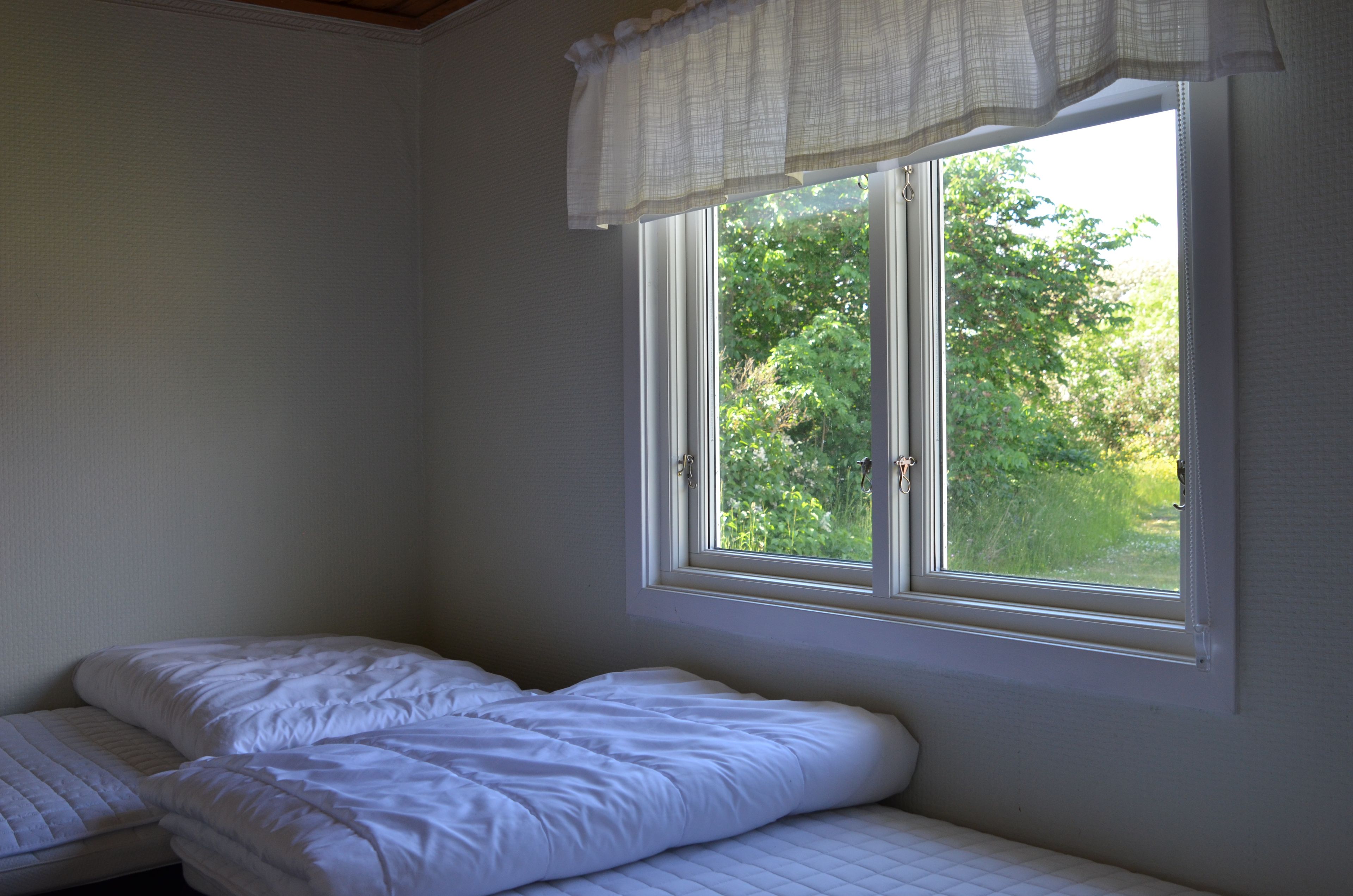 Una habitación con una cama individual, una ventana que da a zonas verdes y una pared lisa.