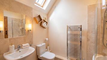 A modern bathroom with a skylight, a shower, a toilet, and a sink.
