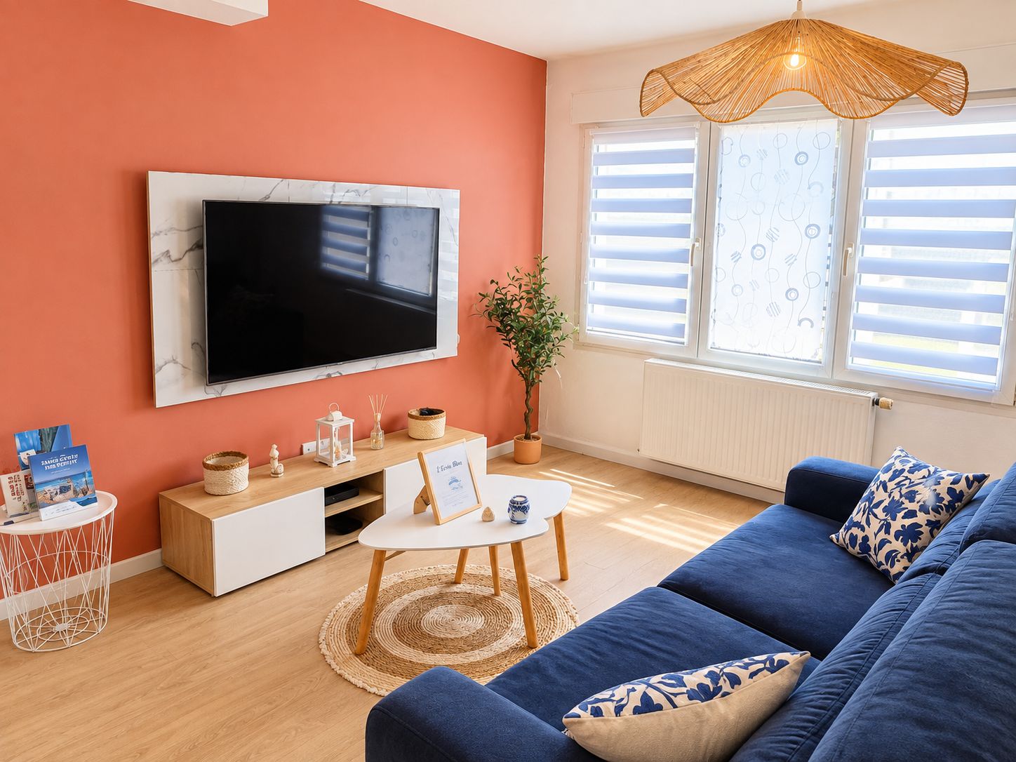 Uma sala de estar com uma televisão de tela plana grande, um sofá azul, uma mesa redonda pequena e um vaso de plantas.