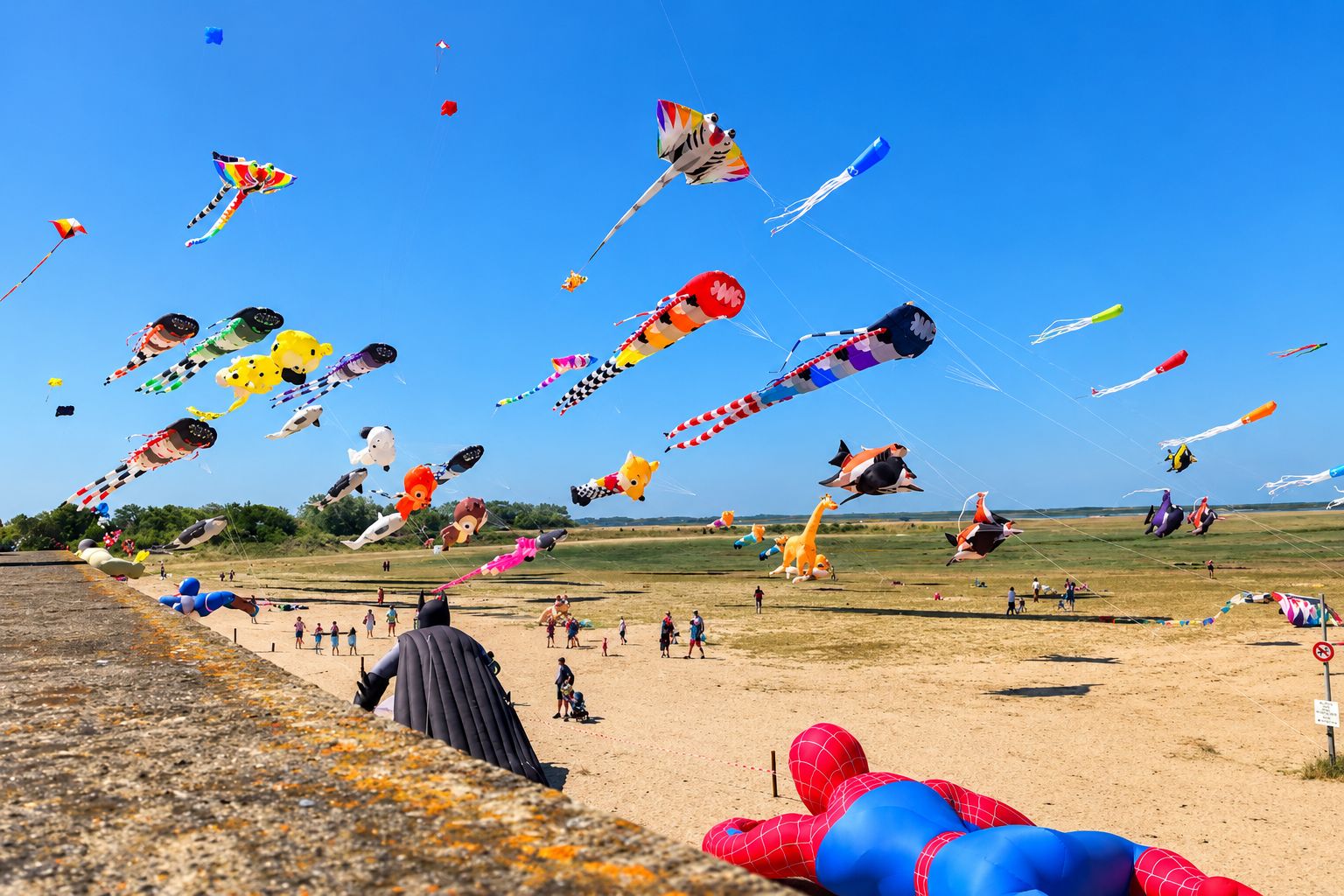 A beach with numerous kites flying in the sky.