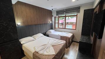 Habitación de hotel con dos camas, cabecero de madera, ventana con vistas y televisor de pantalla plana.