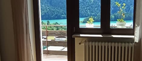 A room with a bed, a window with a view of mountains and a lake, and a radiator.