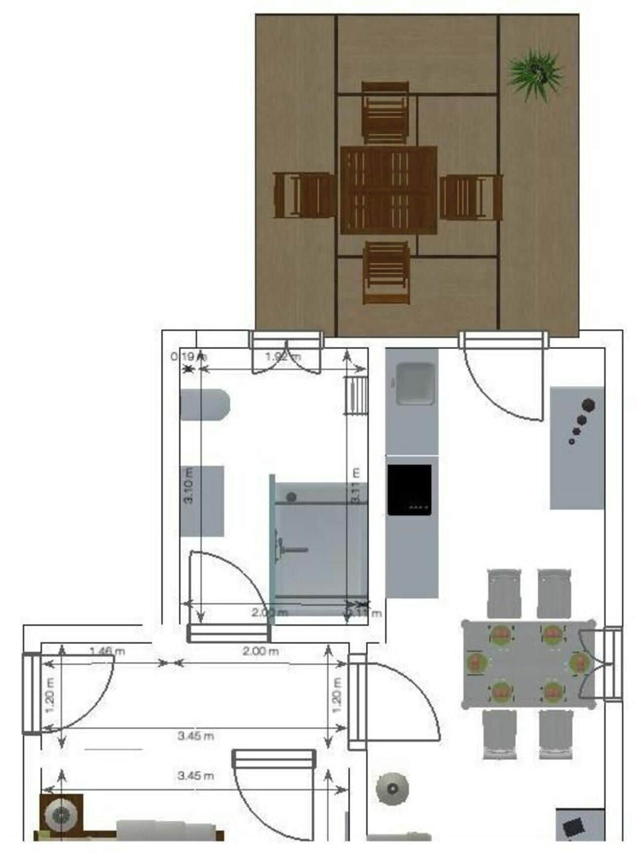 A floor plan of a hotel room with a bed, a bathroom, a kitchenette, and a dining area.