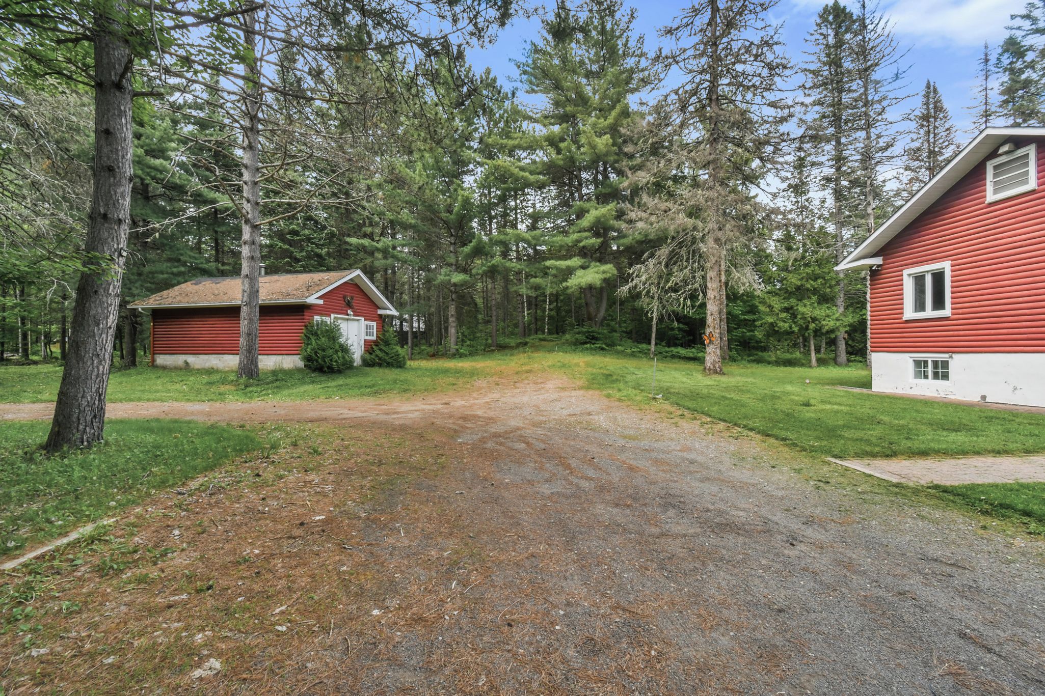 A gravel driveway leading to two red cabins surrounded by a forest.