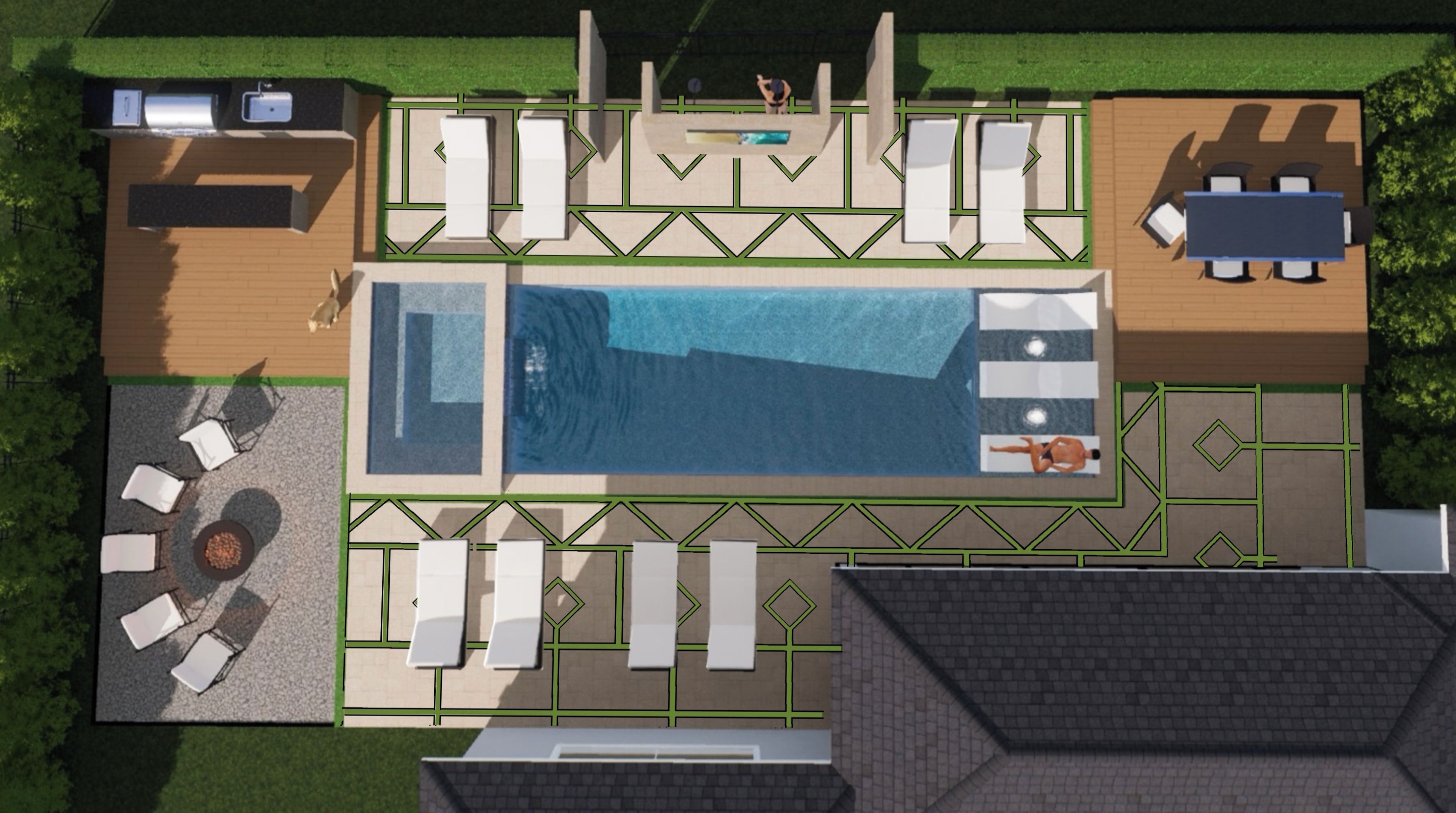 Un área de piscina con sillas de descanso, una barbacoa y una pequeña terraza.