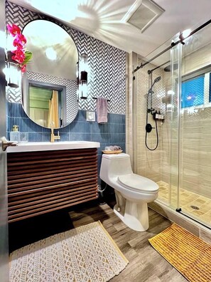 A modern bathroom with a shower, toilet, and vanity. - Wilton Manors King Suite Walk to the Drive - North (Wilton Manors)