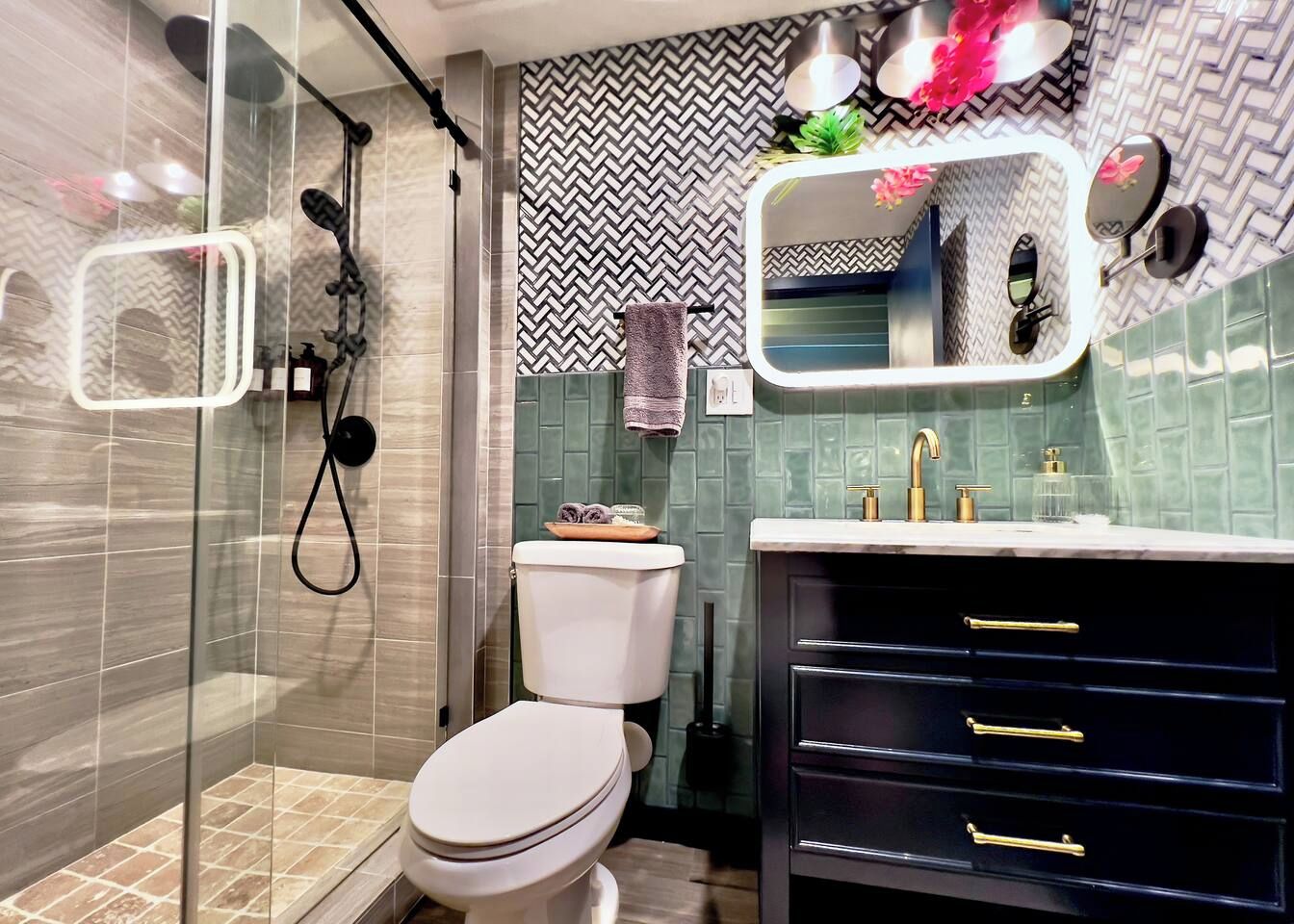 Hair dryer, towels, soap, shampoo