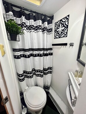 A bathroom with a toilet, a sink, a mirror, and a shower curtain with a geometric pattern. - Cozy 1-bedroom mobile home in soothing Miami with AC (Miami)