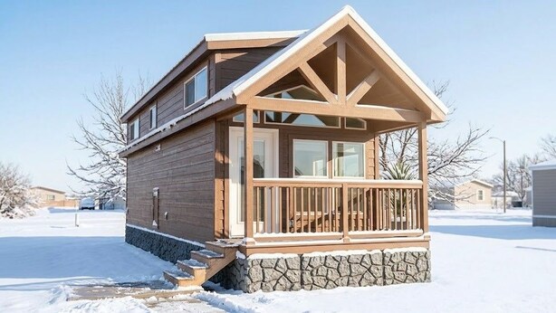 Une cabane en bois avec des fondations en pierre, un balcon et un ciel dégagé.