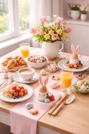 Una escena de desayuno con cruasanes, un bol de fruta, una jarra de flores, un huevo con forma de conejo y un vaso de zumo de naranja.