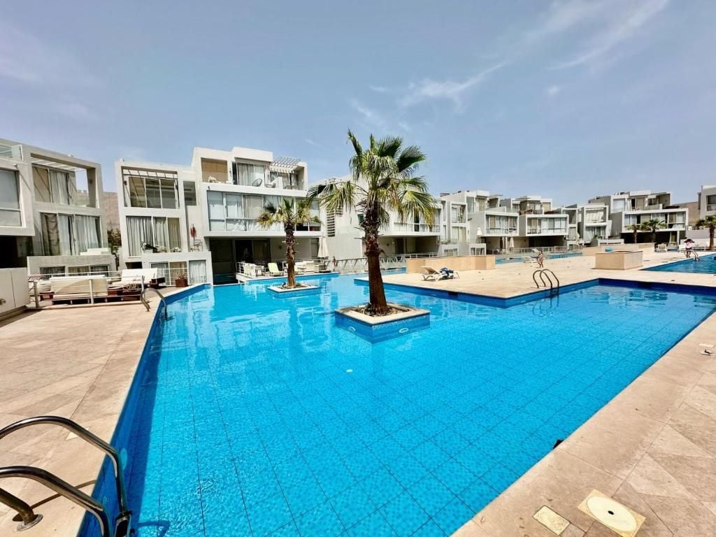A swimming pool with a clear blue water surface, surrounded by modern buildings with balconies and a palm tree in the center.