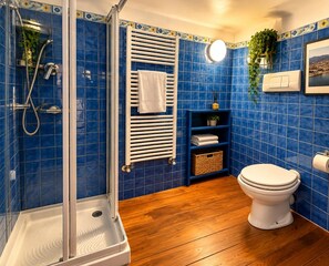 A bathroom with a glass shower enclosure, a white toilet, and blue tiled walls. - Heart of Naples (Napoli)