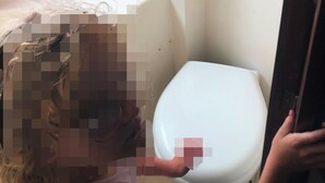 Une petite salle de bain avec des toilettes blanches, un meuble en bois au-dessus du lavabo et une poubelle bleue posée sur le comptoir.