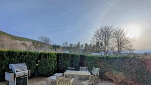 Une terrasse avec un barbecue, une table et des chaises, entourée d’une haie et d’un mur en briques.