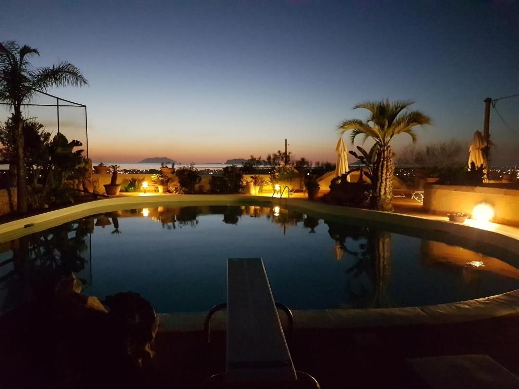 A swimming pool at dusk with surrounding palm trees and ambient lighting.