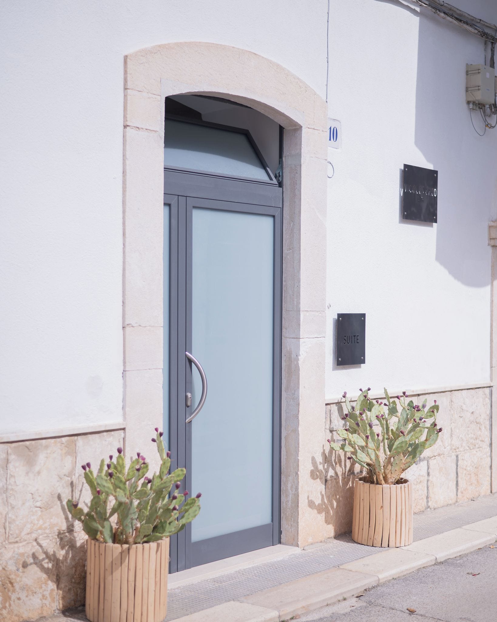 A building entrance with a grey door, a small sign above the door, and two potted plants on the ground.