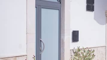 A building entrance with a grey door, a small sign above the door, and two potted plants on the ground.