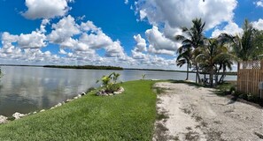 A lakeside view with a grassy area, palm trees, and a wooden fence. - Waterfront RV Site • Bring Your Own RV (Goodland)