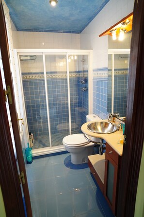 Een badkamer met douche, toilet en wastafel.