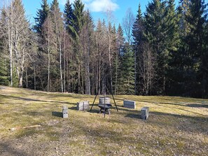Ein grünes Freigelände mit Schaukel und Picknicktisch, umgeben von Bäumen.