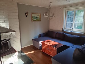 Ein Wohnzimmer mit Kamin, einem großen Fenster, einer Couch und einer Holzkommode.