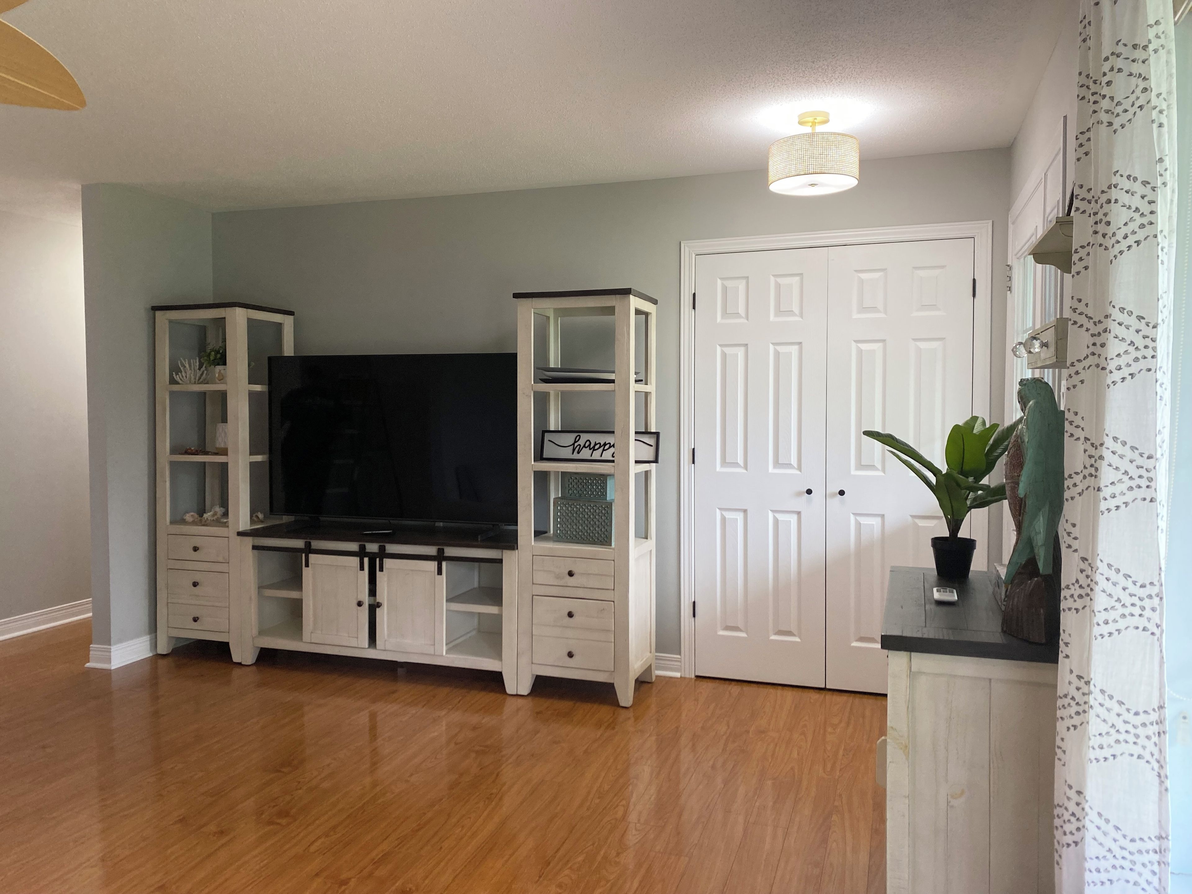 A room with a wooden floor, a white entertainment unit with a flat-screen TV, a white door, and a potted plant.