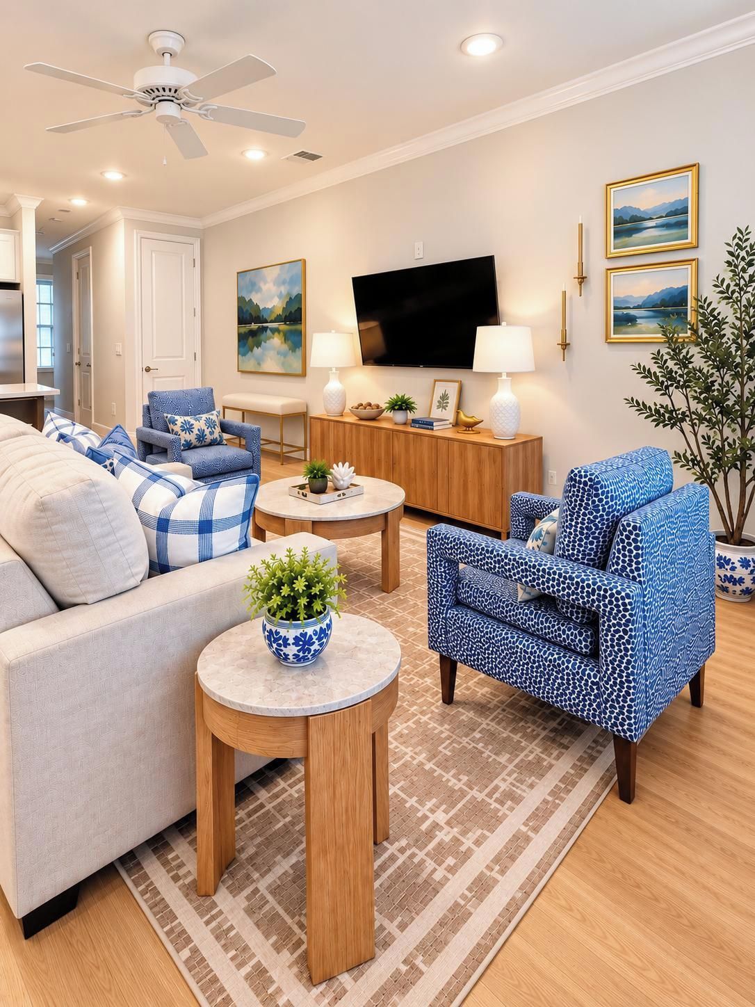 A living room with a sofa, two armchairs, a coffee table, a TV, and a plant.