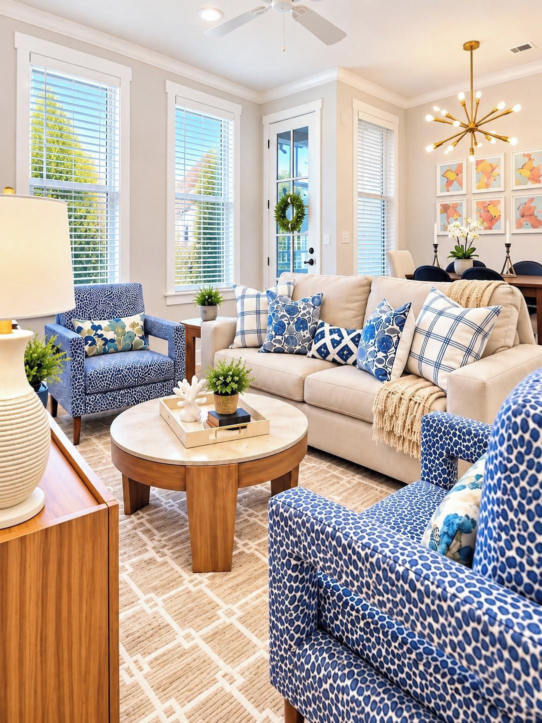 Een woonkamer met een beige bank, blauwe fauteuils met patroon, een ronde salontafel en een plafondventilator.