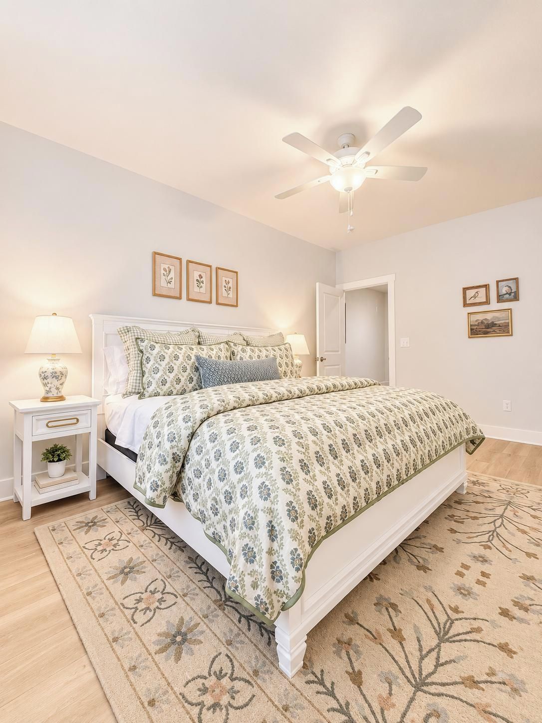 A bedroom with a bed, nightstands, a ceiling fan, and a door.