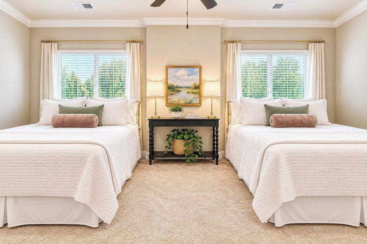 A hotel room with two beds, a nightstand, a lamp, and a painting on the wall.