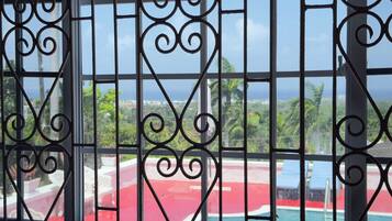 Janela com grades de metal decorativas e vista para a área da piscina.