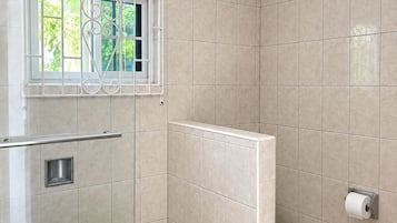 A bathroom with a shower, toilet, and a window with a metal railing.