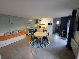 A compact kitchen with a dining area, a sofa, and a television.